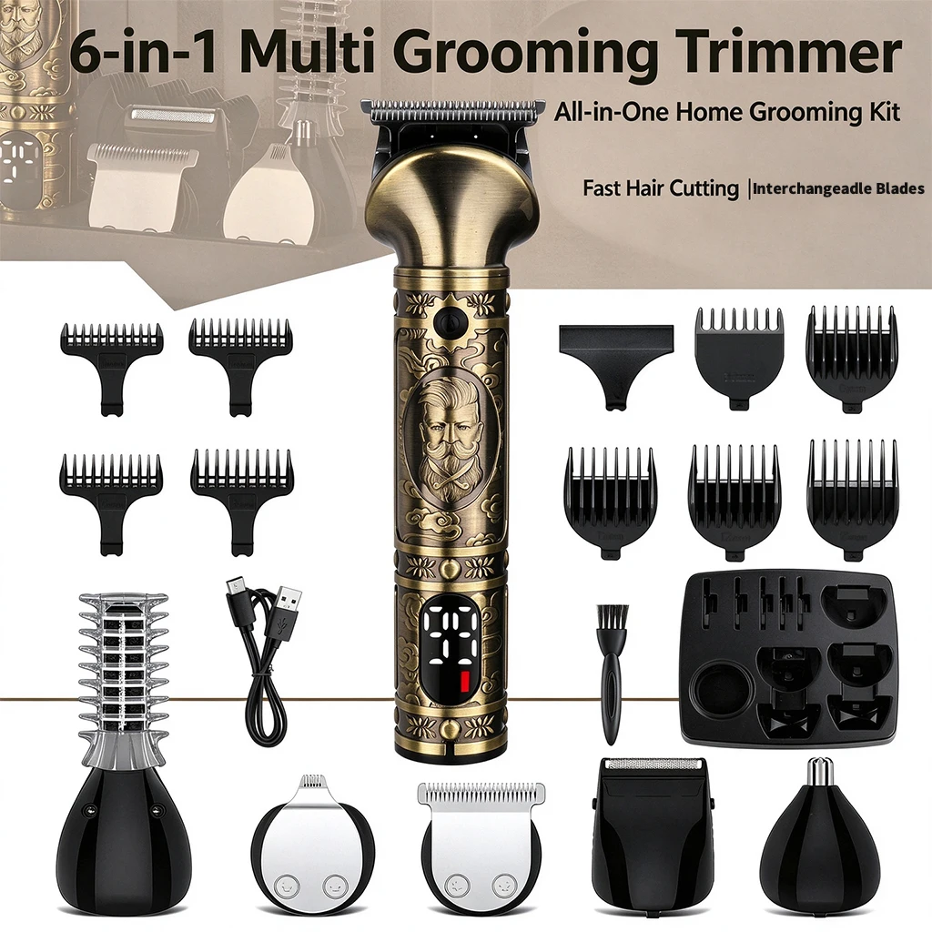 6-in-1 Men Grooming Kit LCD Display Beard Trimmer Hair Clipper Nose Trimmer Body Shaver Multifunctional Electric Razor Gift for Men Husband Boyfriend