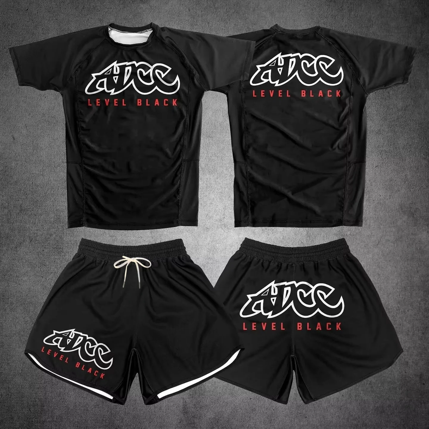 2025-26 New Level Black Gym Set Men's Quick Drying Rash Guard & Shorts Breathable MMA Training Suit Streetwear Sportswear