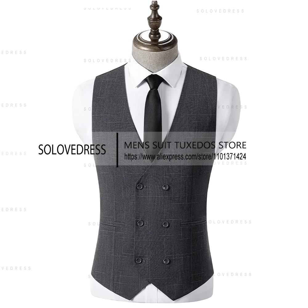 Men's Tuxedos New Arrival Plaid 3 Pieces Double Breated Vest  Formal Slim Fit Mens Suit （Jacket+Vest+Pants）