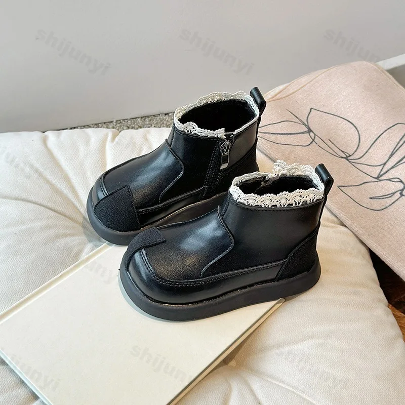 Children Ankle Boots Sweet Lace Girls Princess Boots Cotton Shoes Non-slip 2025 Autumn New Elegant Zipper Kids Short Boots