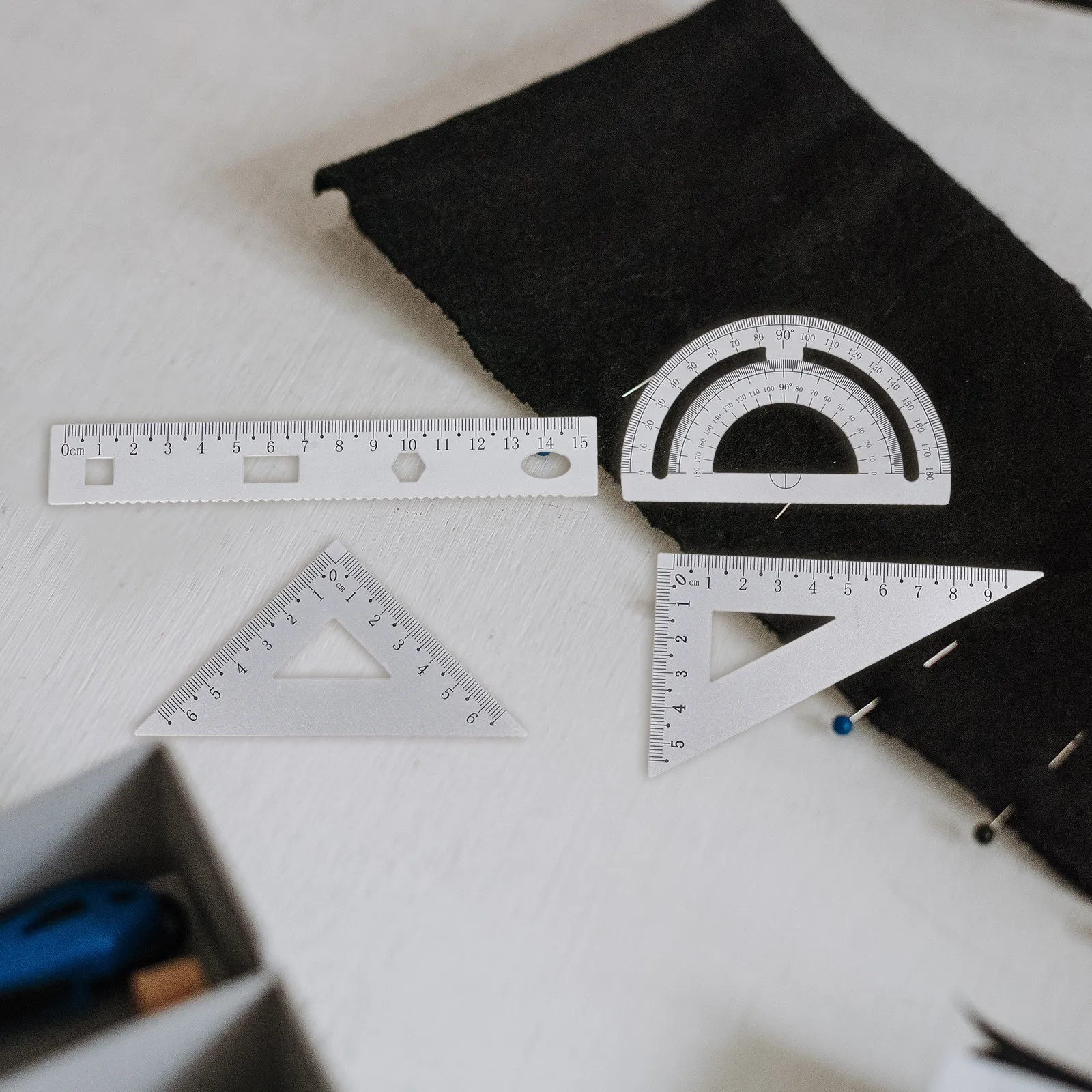 1Set Sturdy Metal Ruler Set Precision Straight Edge Triangle Semicircle Protractor Portable Measuring Ruler for Architects