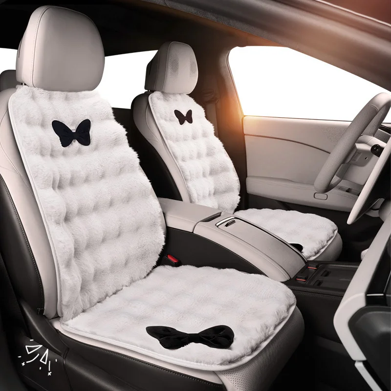 Winter Plush Car Seat Cover Bowknot Fashion Cute Women\'s Automotive Interior Protector Steering Wheel Warm Cushion Car Pillow