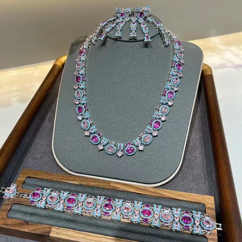 

New Luxury Colored Zircon Necklace Bracelet Earring Three-Piece Suit High-Quality Women Jewelry Set Dress Banquet Accessories