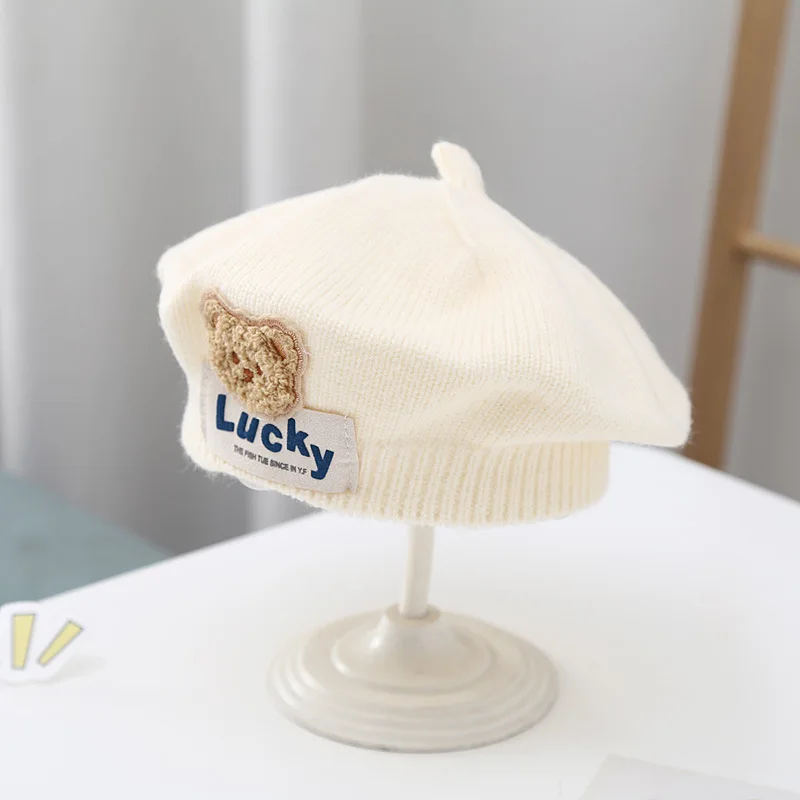 Children\'s Solid Color Knitted Hat Autumn and Winter Teddy Bear Yarn Beret Cute and Stylish Girl Cartoon Artist Treasure Hat