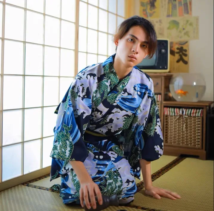 Japanese Style Men's Kimono Formal Attire with Traditional Wave Pattern Travel Photography Set
