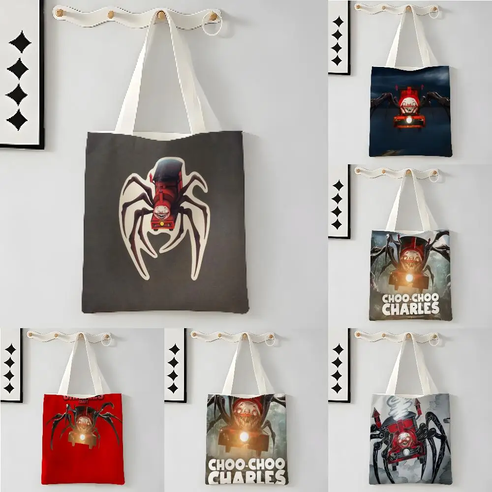 Bolsas de almacenamiento, bolso de lona para el hombro, bolsa para llevar libros, bolsa de mano con estampado para estudiantes, bolsa de mano con estampado de juegos de terror C-Choo-Choo Charles 2