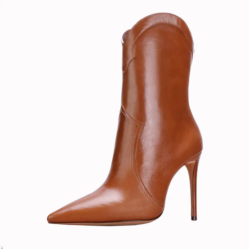 Sexy Pointed Toe High Heel Booties for Women in Bla And Brown Mid-Calf One-Touch Easy Wear Faion Boots with Ultra High St...