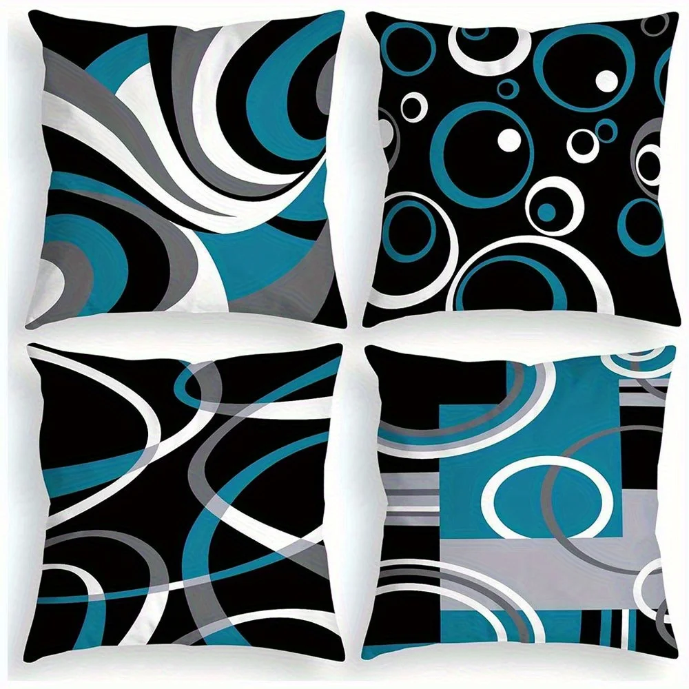 4pcs Fundas  Almohada Cuadradas Azules y Negras - Diseño Abstracto Morno, 100% Poliéster, Cierre con Cremallera, Lavables a