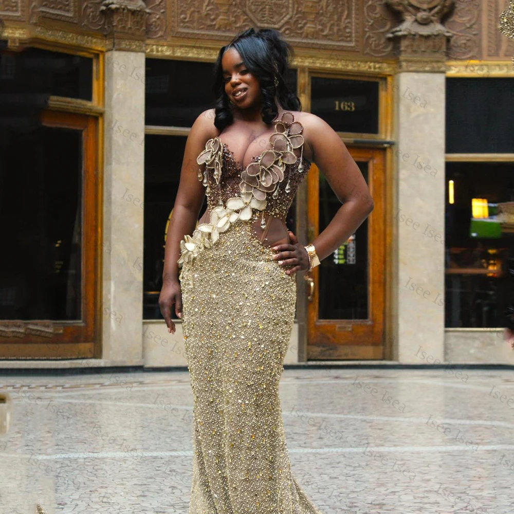 

Rhinestone Champagne Evening Dresses Sleeveless Flowers Mermaid Luxuries Prom Gowns Sweep Train Birthday Dress African Woman