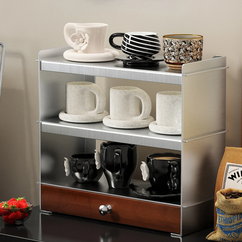 Retro Tiered Cup Rack Stainless Steel Mug & Tea Cup Organizer Multi-Layer Countertop Display Shelf for Living Room