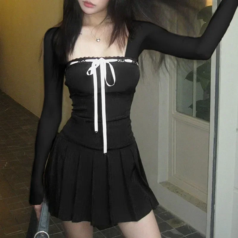 

Mini Coquette Korean Fashion Square Neck Autumn Dress Women Sweet Lace Trim Bow Pleated Dress Clothes Kawaii Lolita