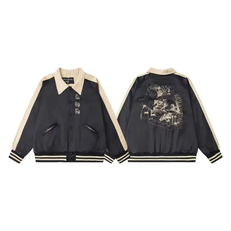 Mr. WH Stitched Jacket Spring Autumn Unisex Baseball Style Contrast Color National Trend Embroidery Long Sleeve Zipper Closure