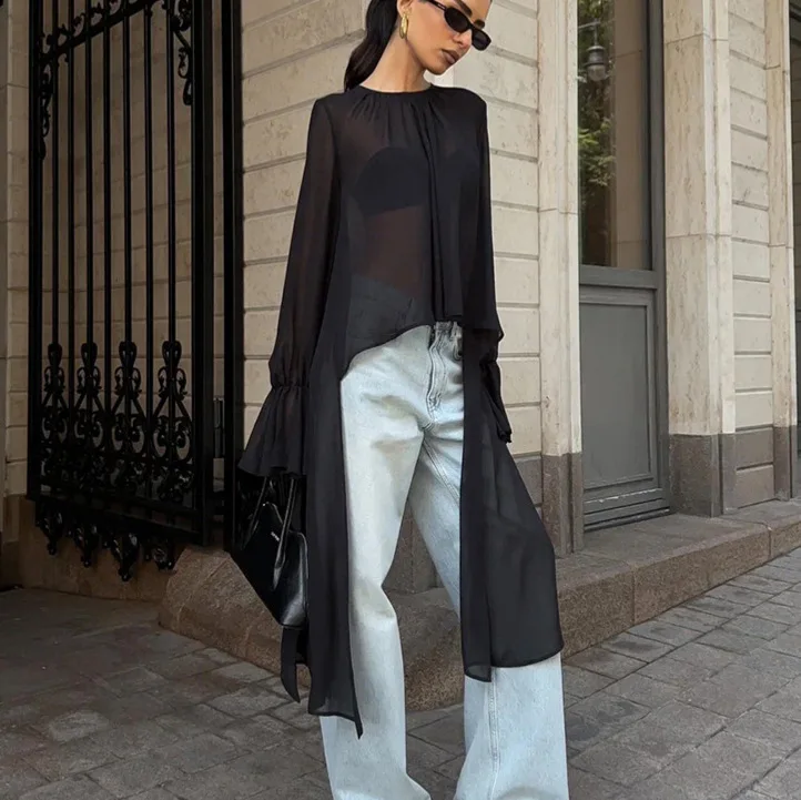 2025年ファッションシフォンシャツ レディース ブラックメッシュイレギュラーヘムラウンドネックロータススリーブ長袖トップス