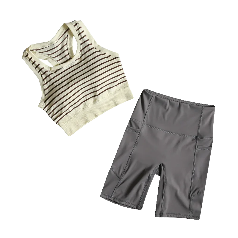 Sport- und Fitnessanzug für Damen im Sommer mit integrierter gestreifter BH-Weste mit Brustpolster, Outdoor-Lauf- und Radhose