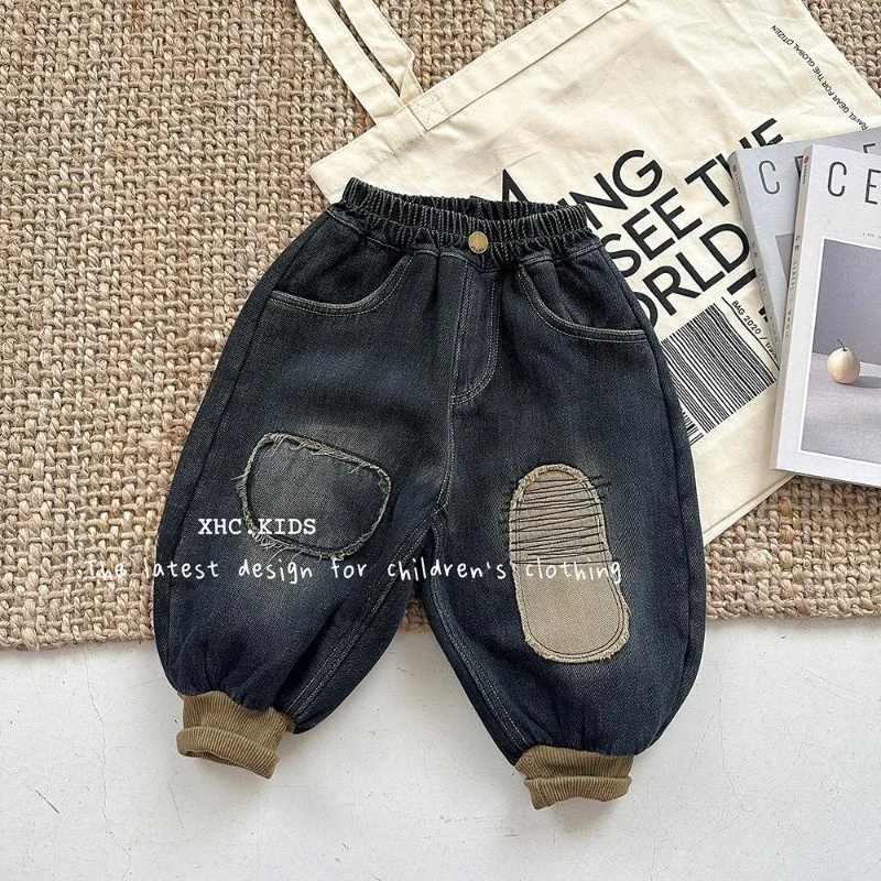 2024 New Boys Leisure Jeans Winter Children Patch Thermal Cotton-padded Trousers Kids Thicken Plus Velvet Denim Pants 2-6Y