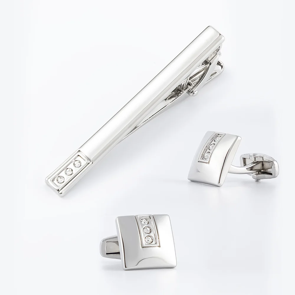 Men's Business Tie Clip Cufflinks Two-piece Set Square Diamond-encrusted Alloy Cufflink Banquet Collar Clip Cufflink Accessory