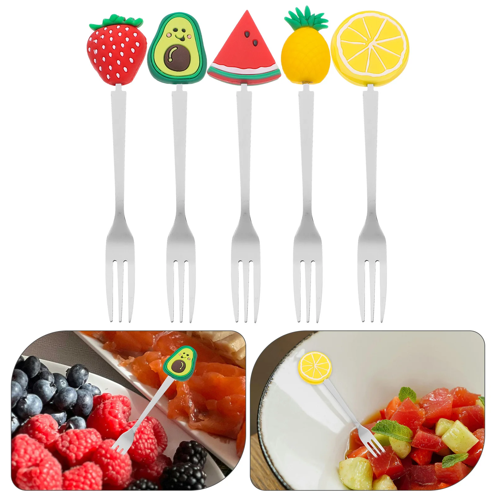 

5Pcs Adorable Fruit Forks with PVC Topper Sturdy Reusable Cocktail Picks for Dessert Cake Snacks Party Bar Cafe Use