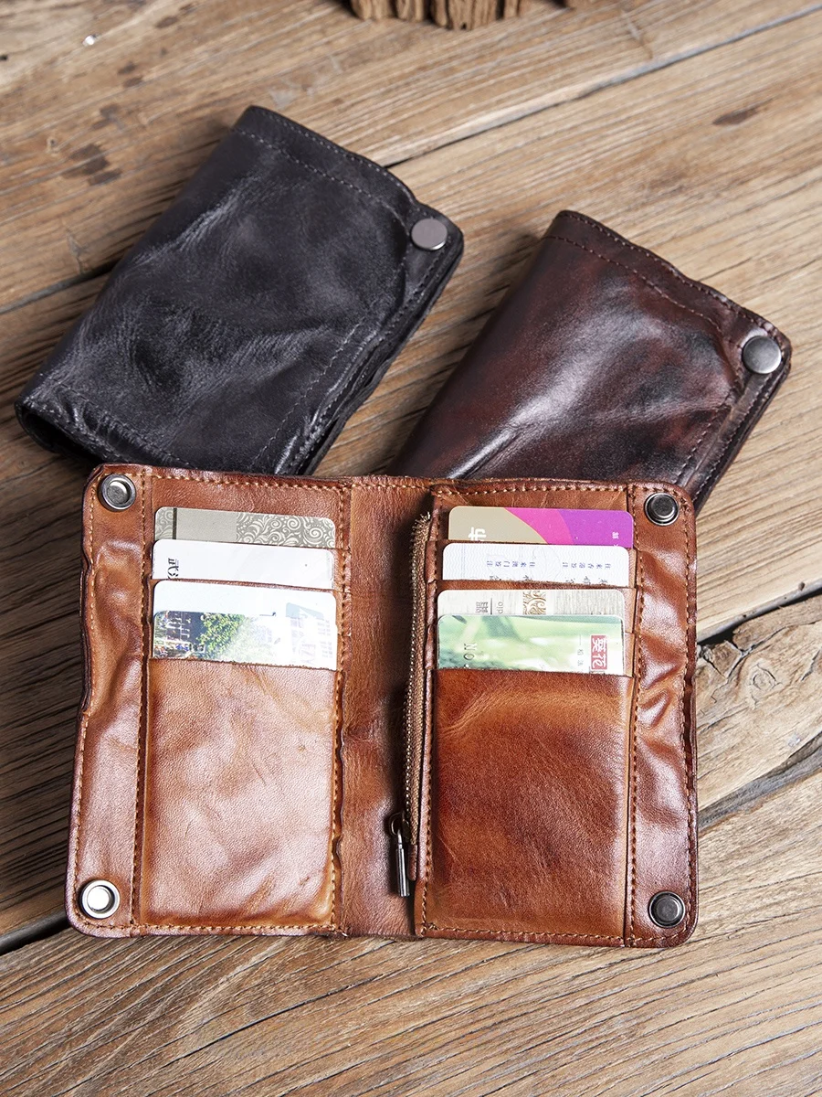 

High-End Handmade Men's ort Wallet Leather Zipper Retro Design Top Layer Cowhide Vertical Sle Faionable Accory