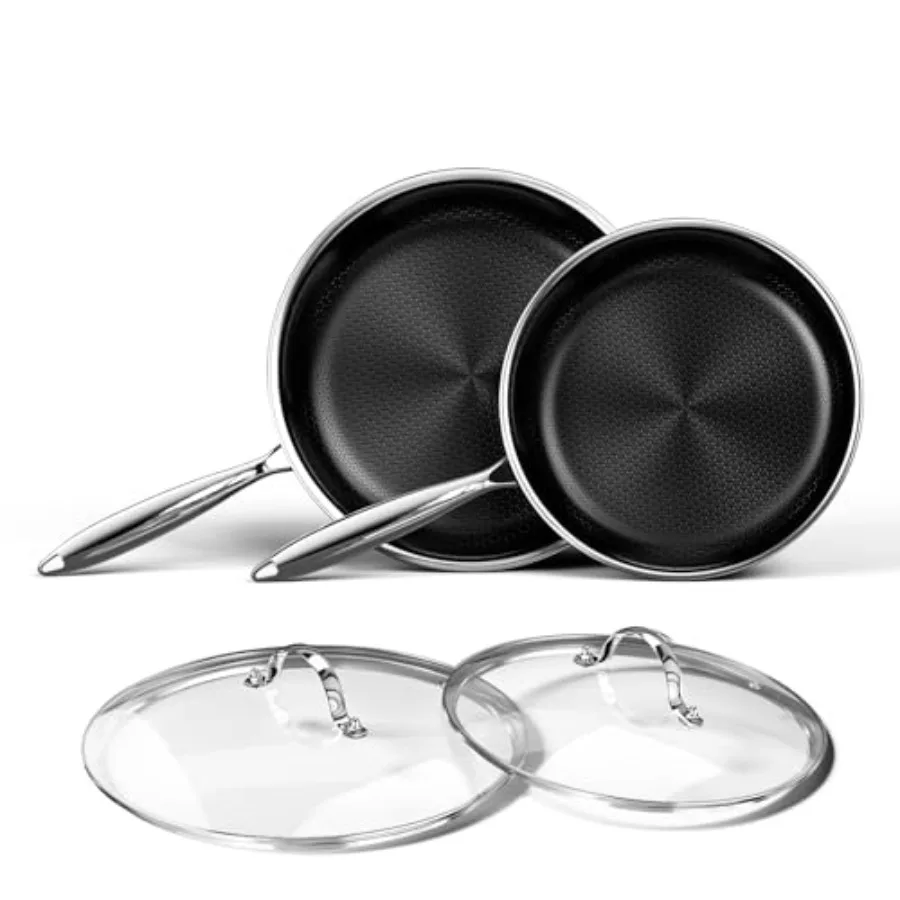 

10 Inch 12 Inch Stainless Steel Frying Pan Set with Lid - Titanium Ceramic Nonstick Cookware for Eggs Omelette Induction Compat
