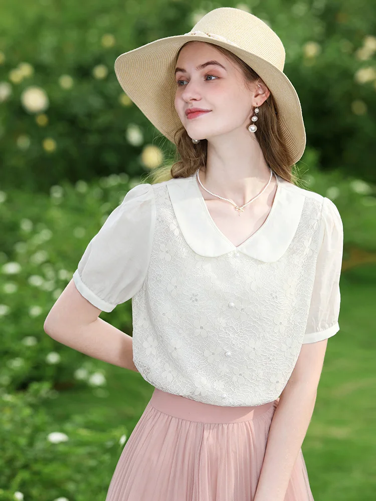 I BELIEVE YOU French Peter pan Collar Puff Sleeve Lace Shirt & Blouse Female 2024 Summer New Basics Shirts For Women 2242055697