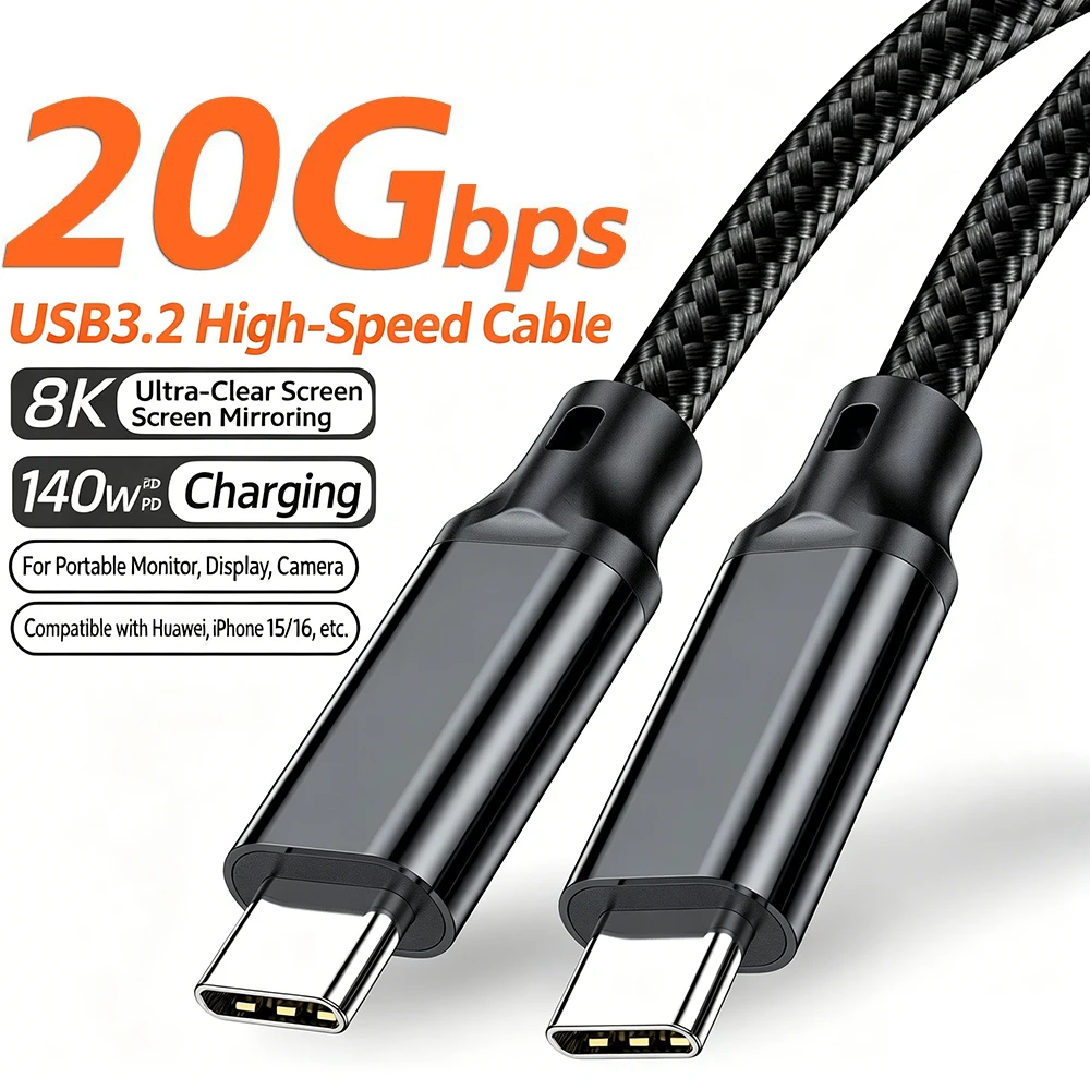 

Кабель USB 3.2 Type C - Type C, 20 Гбит/с, 4K при 60 Гц, 140 Вт, PD, Thunderbolt3, быстрая зарядка QC для ноутбуков, телефонов, MacBook, Samsung, Xiaomi