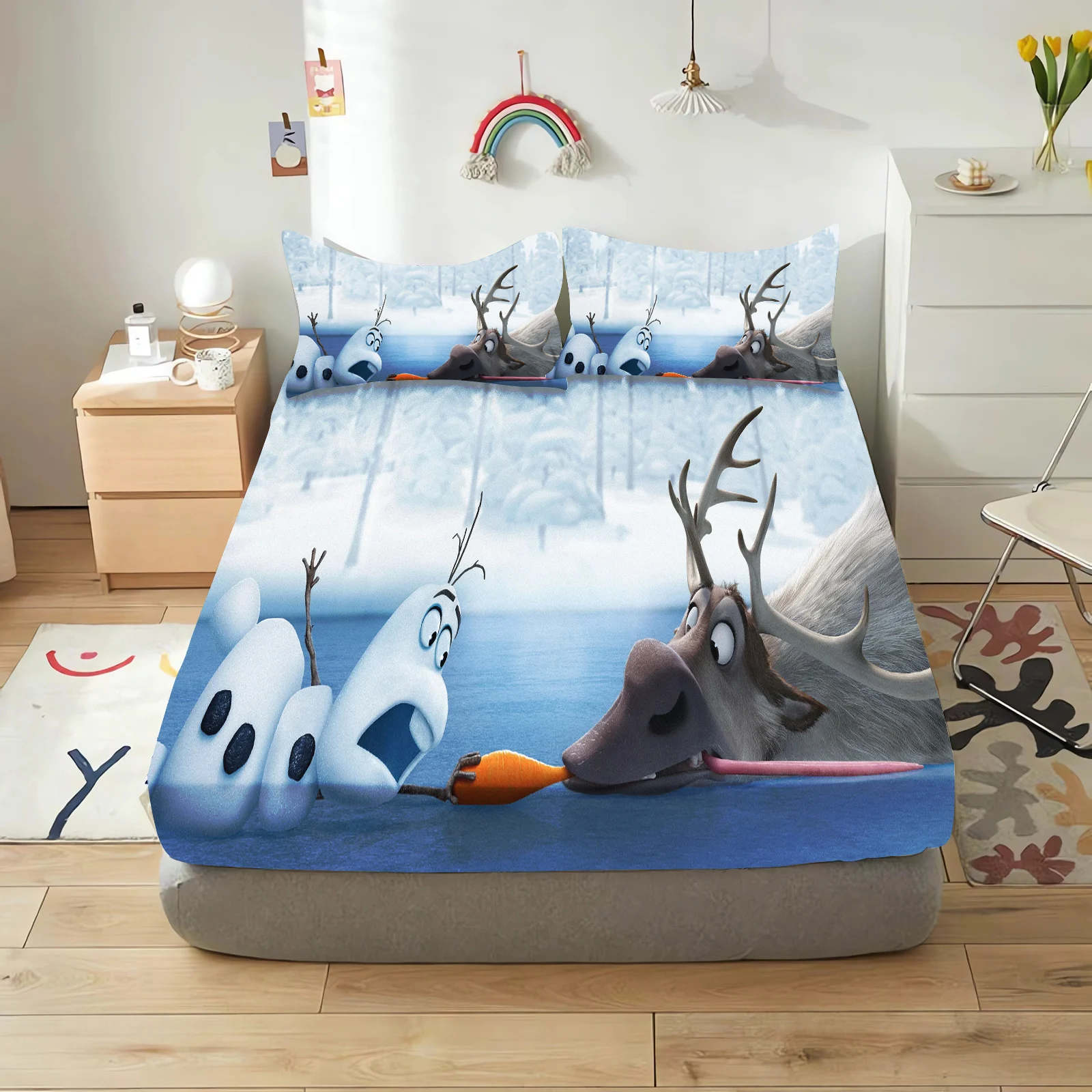 Princess Elsa 2/3pcs Bedding Set Frozen Fitted Sheet Printed 100% Polyester Anime Home Decor Suitable For Children And Adults