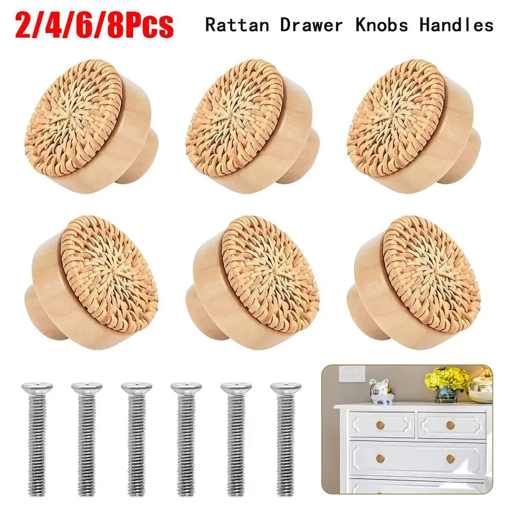

2/4/6/8Pcs Solid Wood Rattan Drawer Knobs Wooden Round Cabinets Dresser Handles Single Hole DIY Door Pulls
