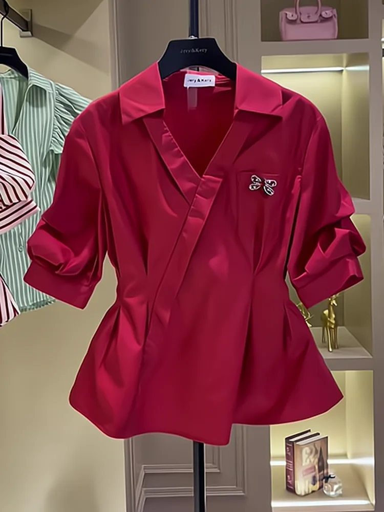 

Unique Super Cute Red V-ne ort-sved Waist-cinching irt Women's Summer Top Design Sense Little Dopne
