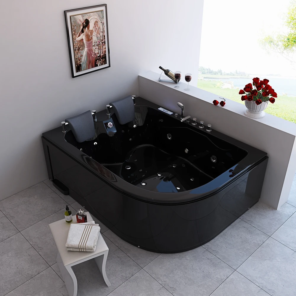 Black Acrylic 2 Person Freestanding Air Jet Massage Bathtub Whirlpool Intelligent Led Light Spa Bathtub