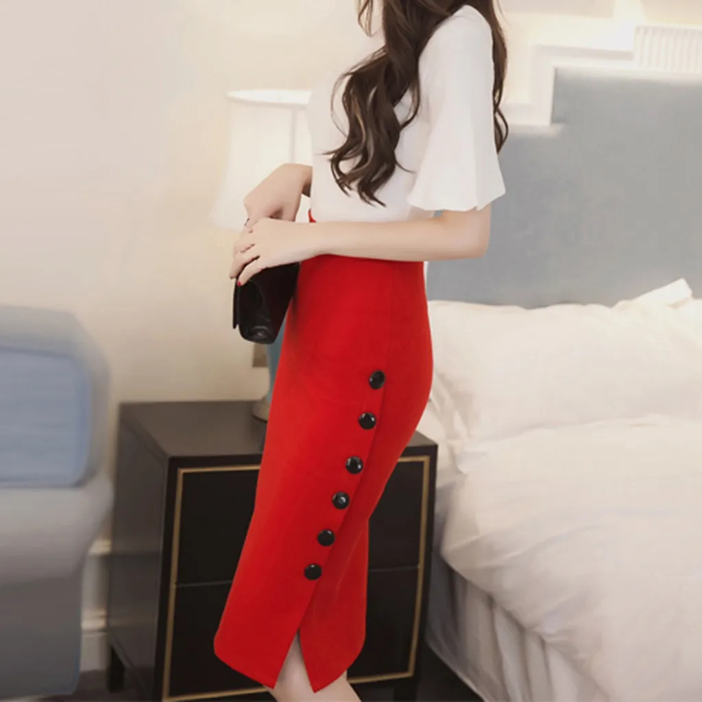 Elegant Women Vintage Office Lady Slim Skirts High Waist Buttons Slit Pencil Skirts Women Summer Sexy S-5XL Stretch Midi Skirts