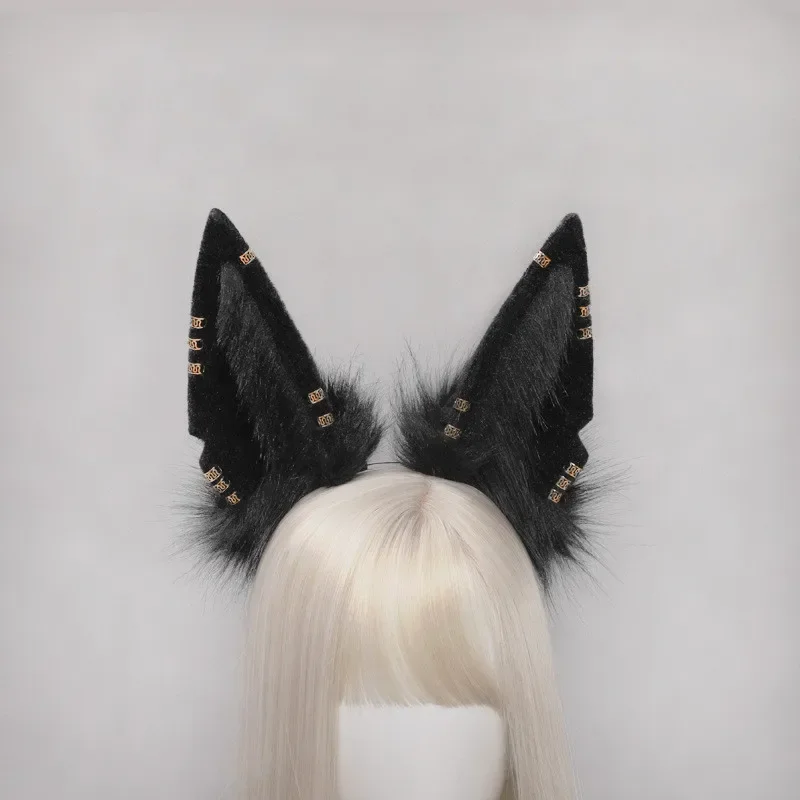 Handmade Cute Furry Plush Headband Beast Anubis Wolf Cat Dog Ears Black White Hair Hoop Headwear for Cosplay Costume Accessories