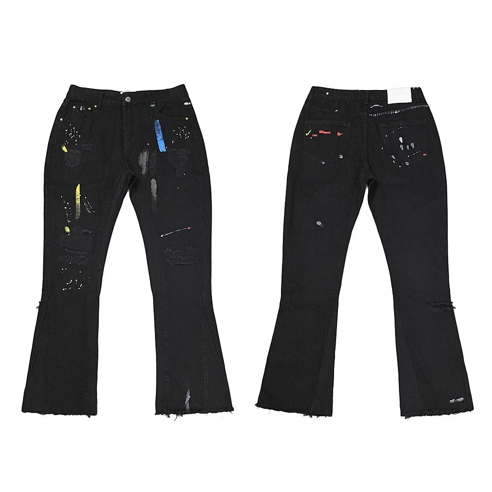 Zipper Fly Straight Leg Jeans with Daily Hand Painted Flared Hem High Waist Jeans Autumn High Waist Flared Full Length Men Pants