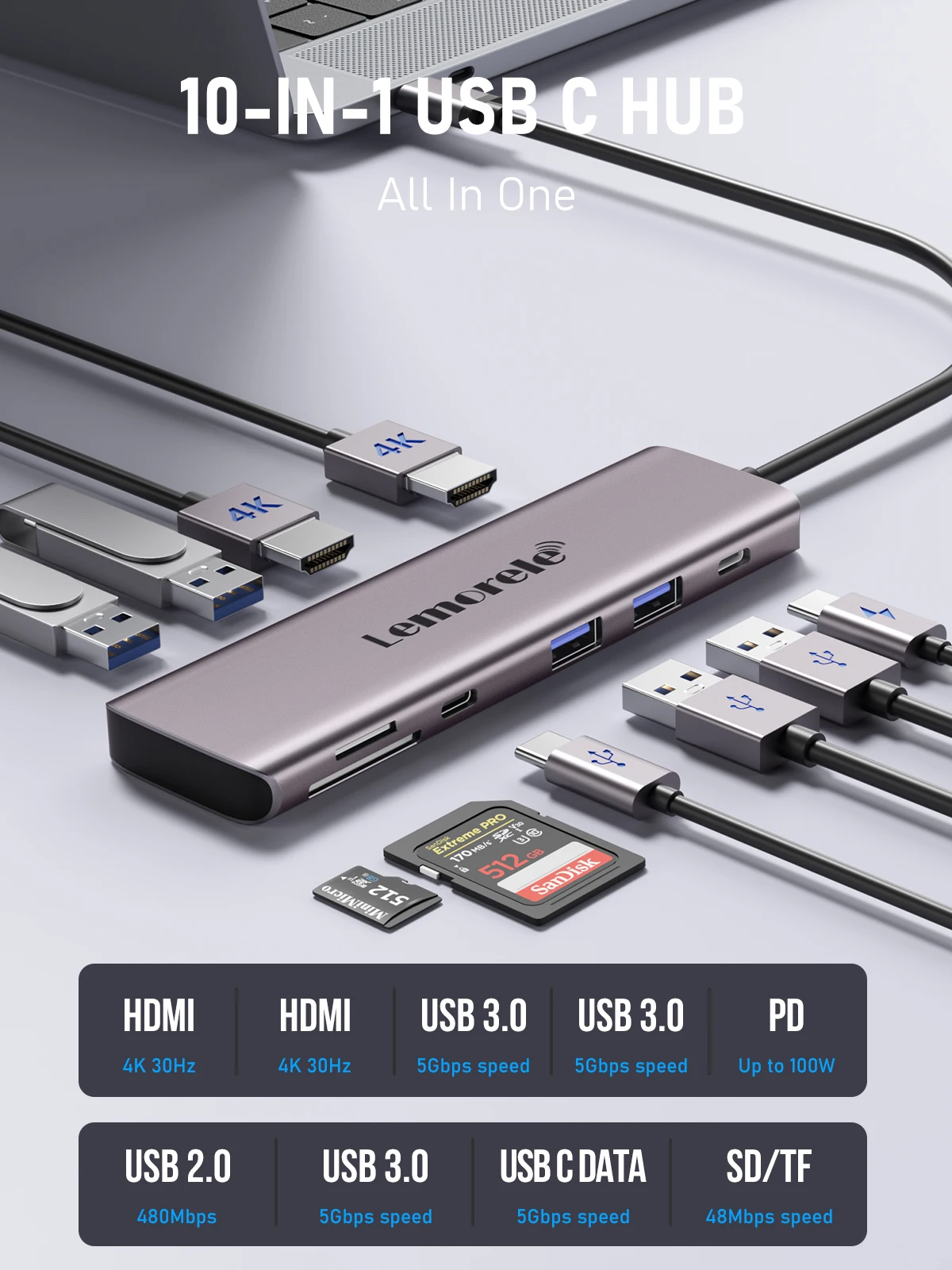 Imagem -02 - Lemorele-dock Station Usb tipo c 10 Portas tipo c Hub 4k Hdmi 30hz Carregamento Rápido Pd100w sd Leitor de Cartões tf