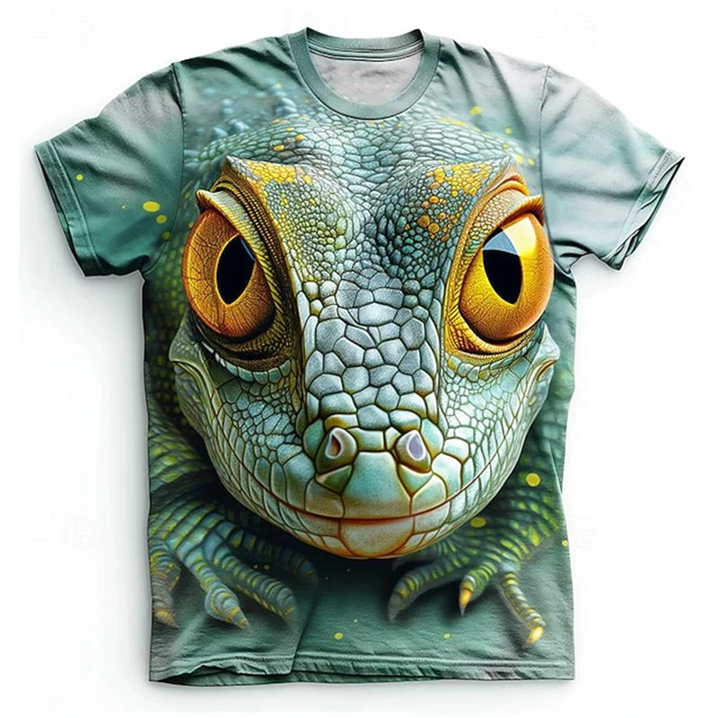 New Summer Men's T-Shirt Men's Casual Round-Neck Short-Sleeve Top With 3D Lizard Print—Oversized Outdoor Sportswear For Men