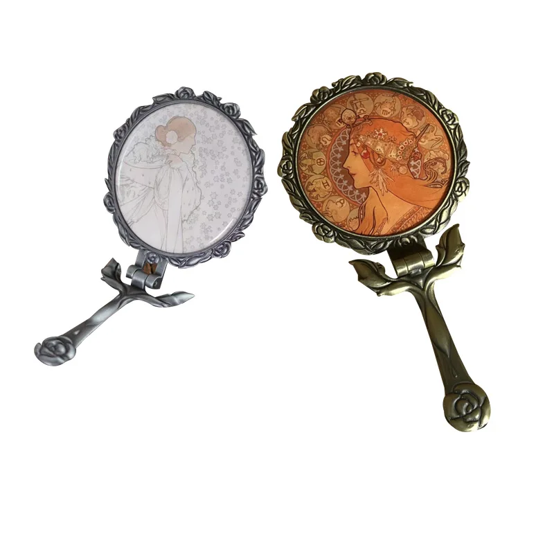 

WW metal body mirror custom folding handle mirror retro merchandise creative handheld makeup mirror