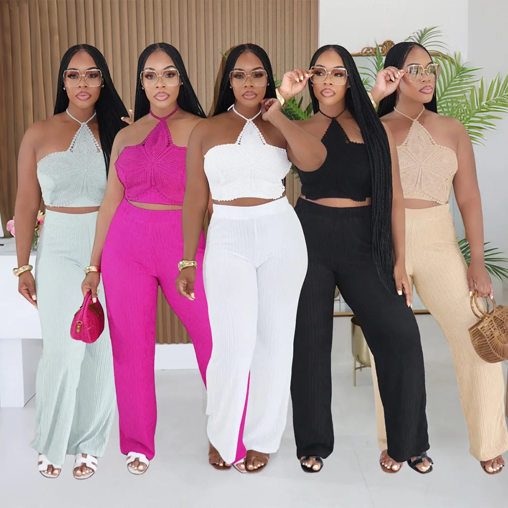 Sexy Beach White Women 2pcs Set Halter Crop Tops and Wide Leg Pants Set Sweatsuit 2026 Tracksuit Two Piece Set Outfits