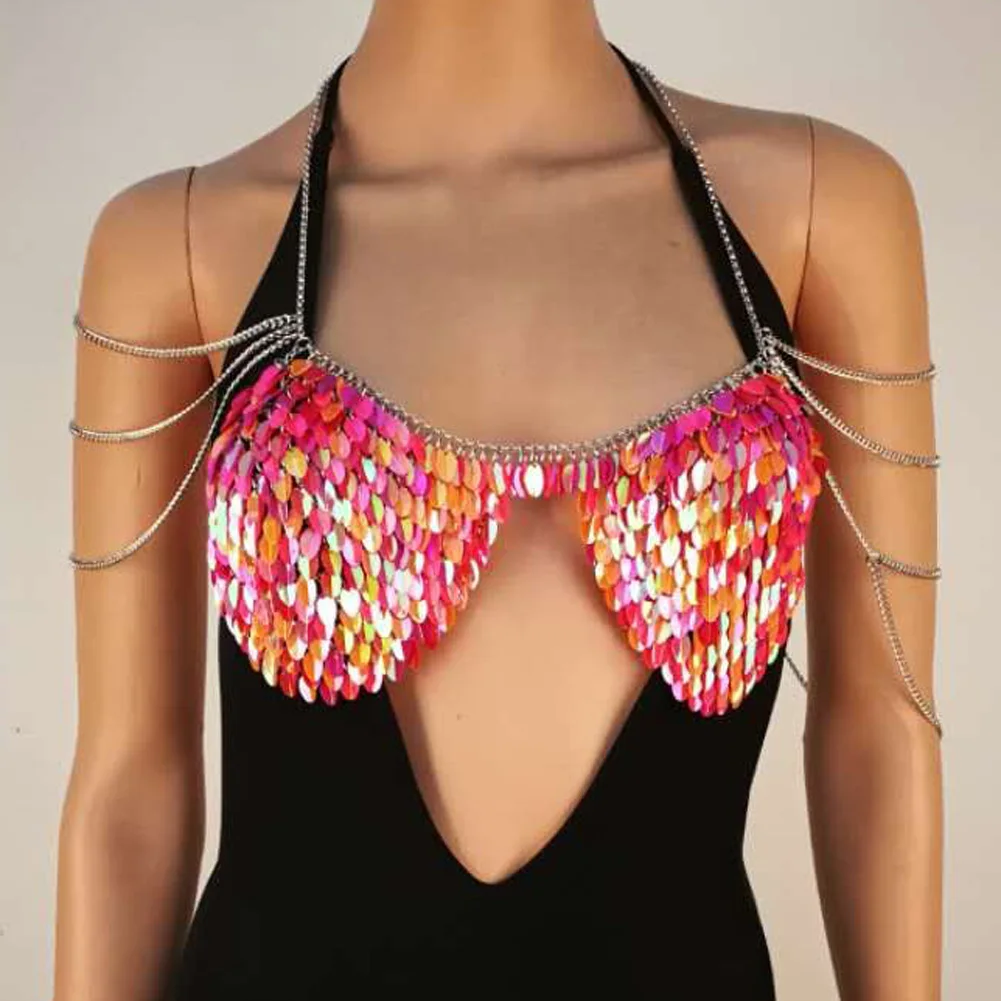 4 Color Sexy Sequins Hanging Neck Bra Top Chest Chain Women Summer Beach Tassel Pendant Body Festival Merdaid Jewelry