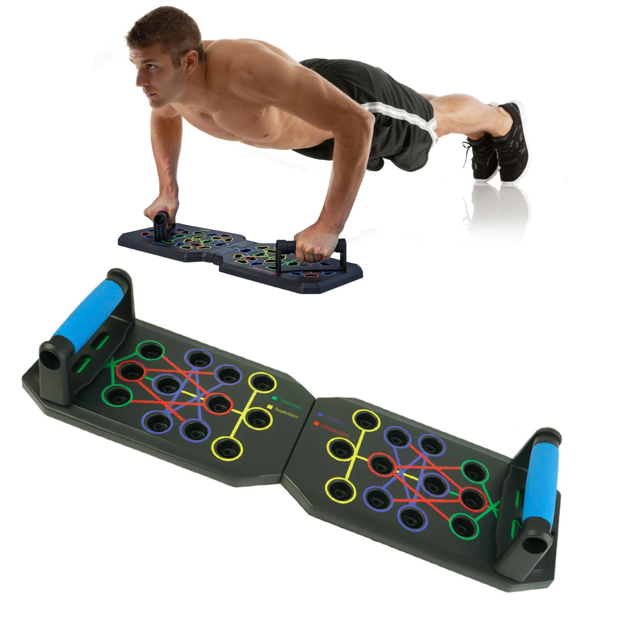 Tragbares multifunktionales Push-up-Board-Set mit Griffen, faltbares Fitnessgerät für Brust-, Bauch-, Arm- und Rückentraining.