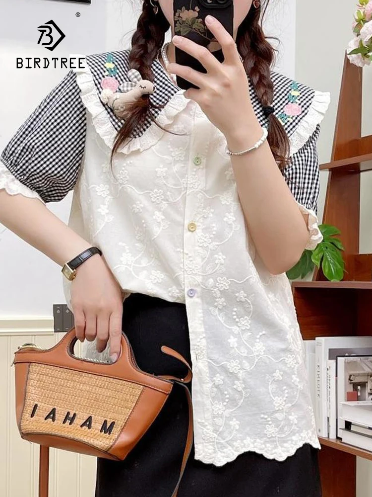 

New Spring Cotton Embroidery Plaid Shirt Women Peter Pan Collar Short Sleeve Tops Girl Loose Casual Blouses 2024 Autumn T44802QC