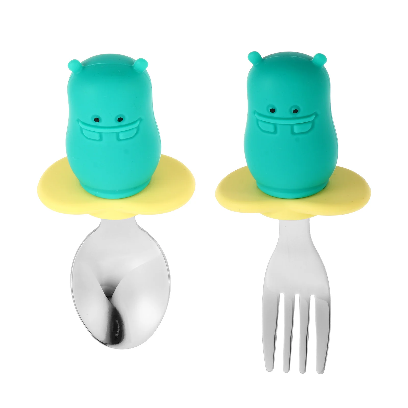 1Set Peralatan Makan Bayi Sendok Garpu Baja Tahan Karat Peralatan Balita Pegangan Anti Selip Bahan Silikon Aman untuk Makan Anak