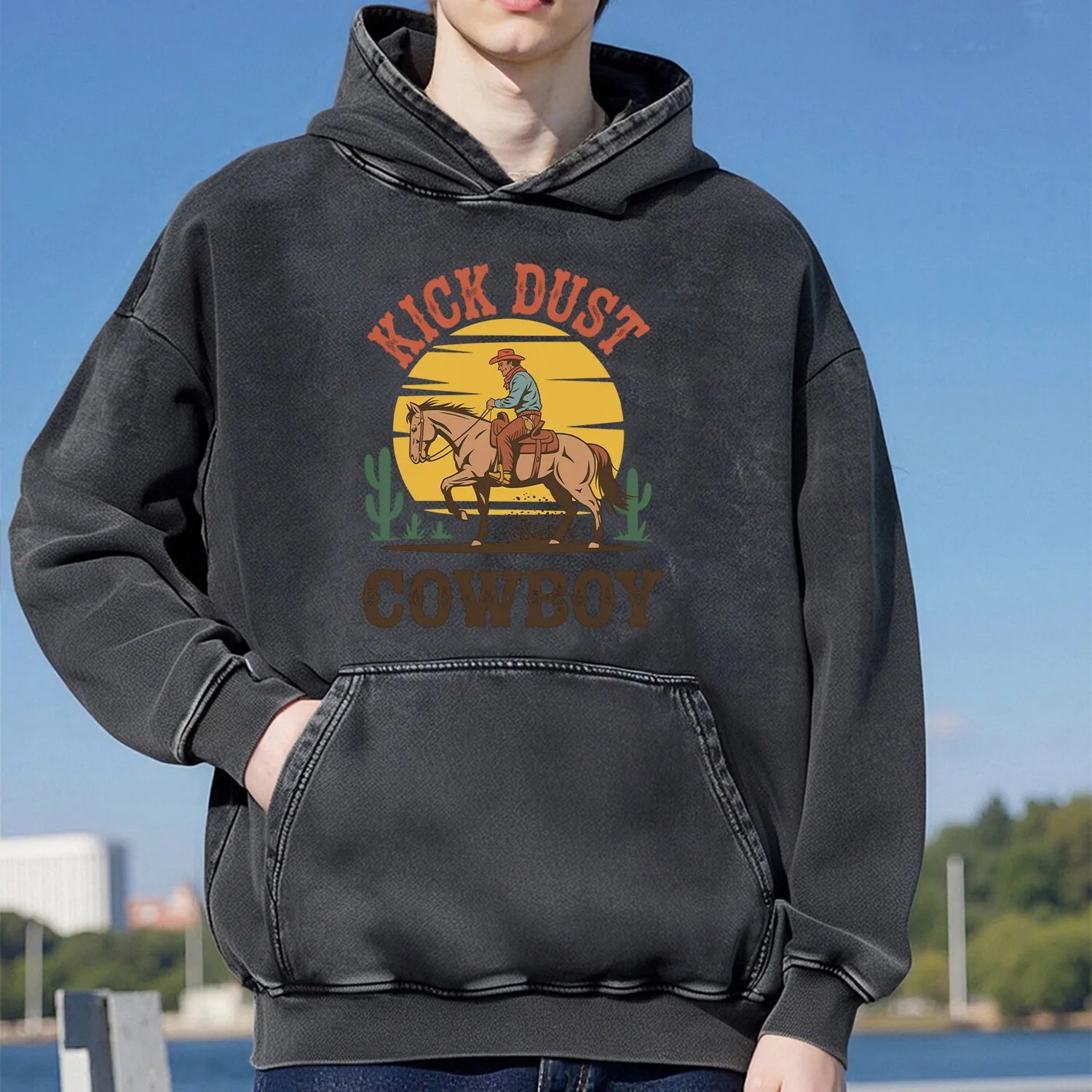 Horse Riding Pattern Retro Washed Hooded Sweatshirt For Men And Women Casual Sportswear Cotton Fashion Street Wear 400G