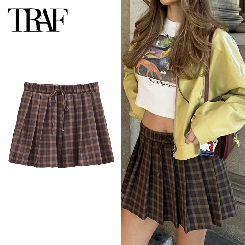 TRAF Brown Plaid Short Skirts Women's 2024 Summer Autumn Butterfly Lace-Up Mini Skirts Ladies Fashion Casual Pleated Skirts