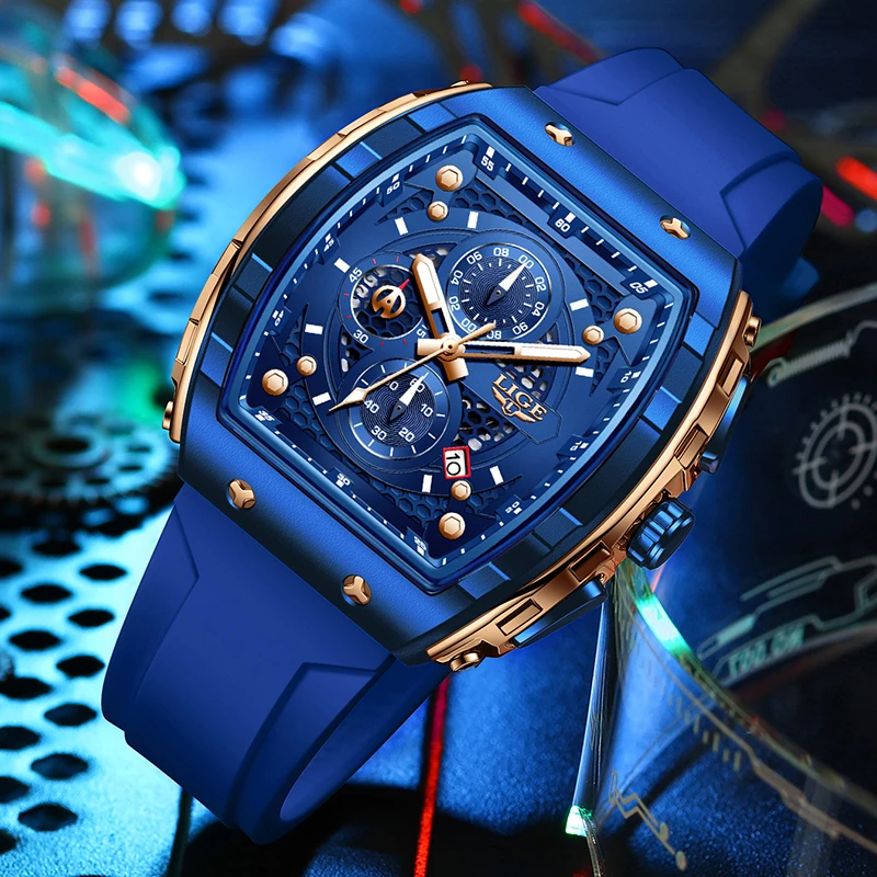 LIGE Outdoor Sports Blue Silicone Watch for Men Waterproof Luminous Chronograph Clock Male Fashion Military Men's Quartz Watches