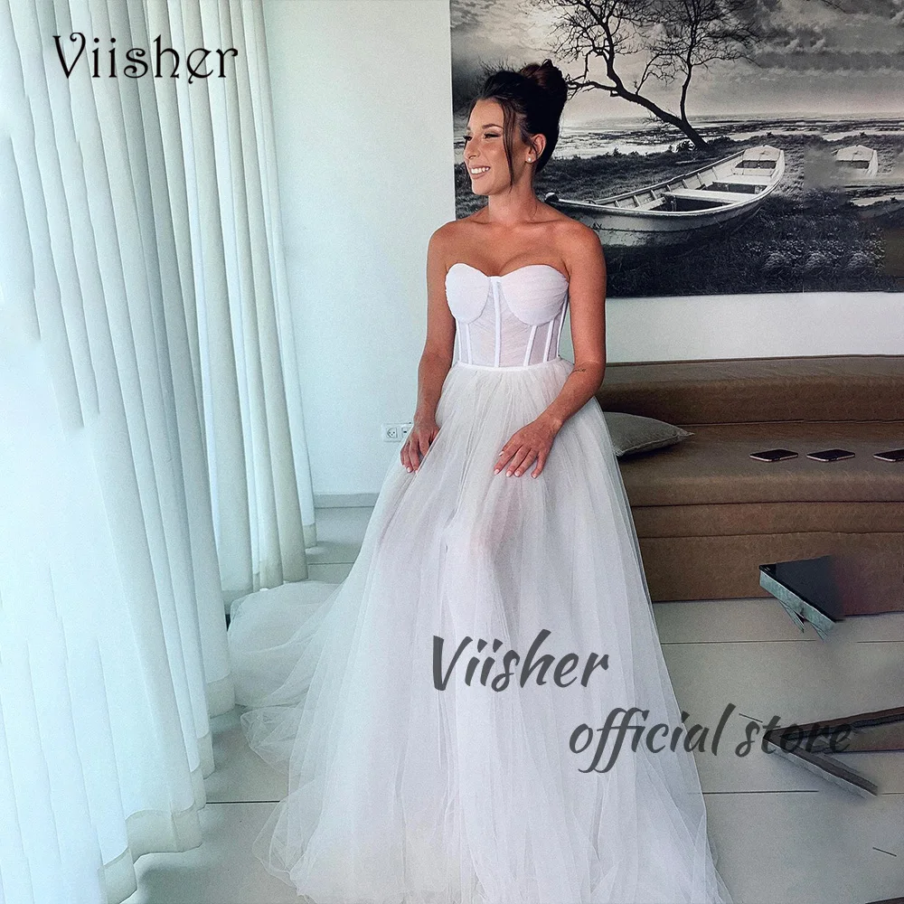 

Viisher White Sweetheart Wedding Dresses Soft Tulle Bone Corset Long Civil Bridal Gowns Simple Bridesmaid Wedding Dress