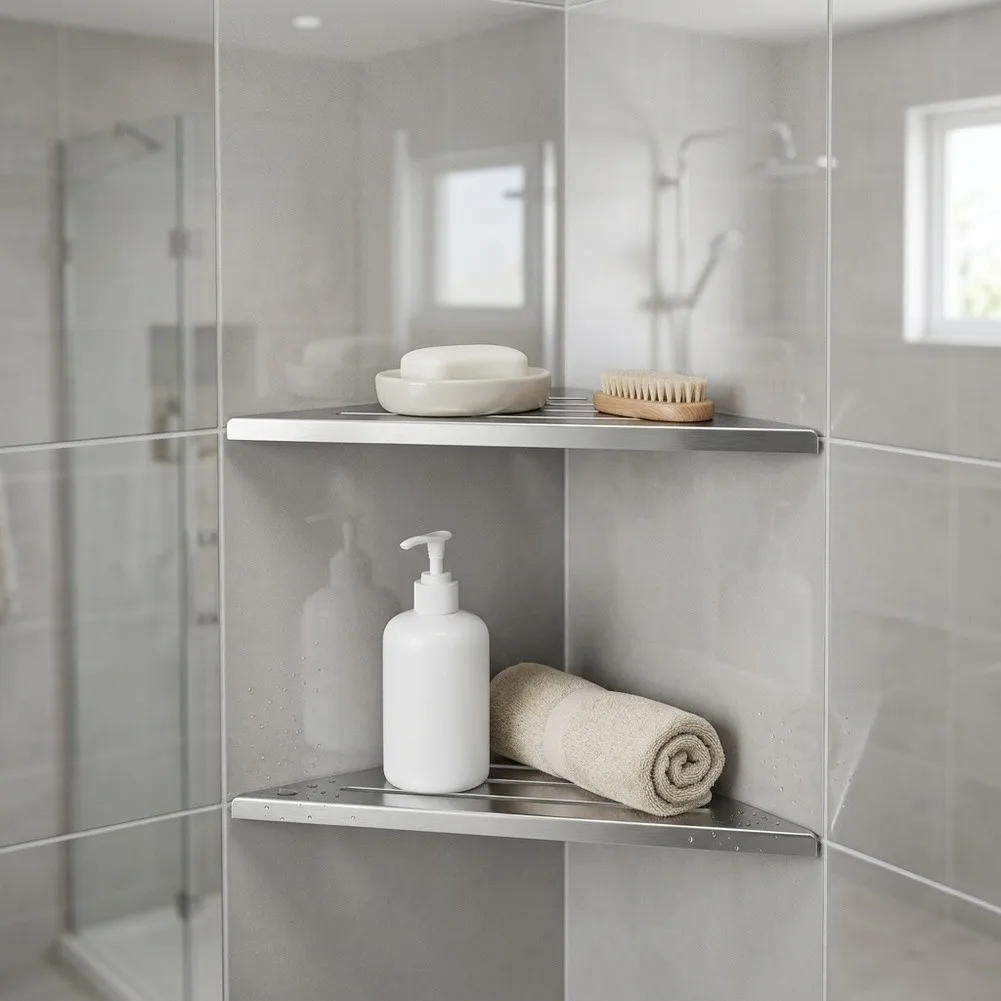 Rustproof 2-Tier Corner Shower Organizer Shelf Space Saving Wall Holder Easy Mount For Bathroom Shower Room Household Storage