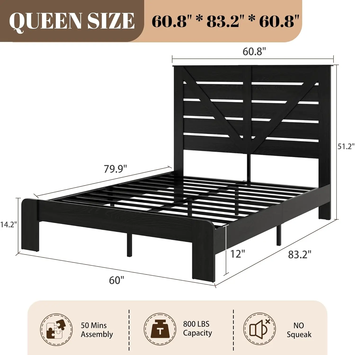 Queen Size Bed Frame with Headboard – Farmhouse Style Platform with LED Lights USB Charging No Box Spring Easy, Customized
