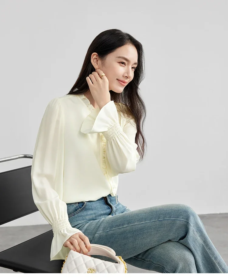 SENTUBILA V Neck Ruffles Blouses for Women 2025 Spring Commute Flare Sleeve Lace-up Solid Basic Elegant Pullover Tops 151V57909