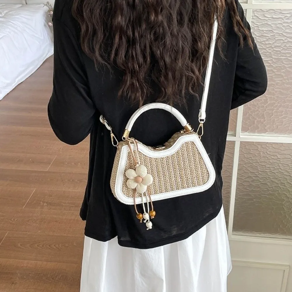 Vintage Casual Splicing Woven Shoulder Bag Flower Pendant PU Trim Handbag Vibrant Fresh Style Crossbody Bag Commuting
