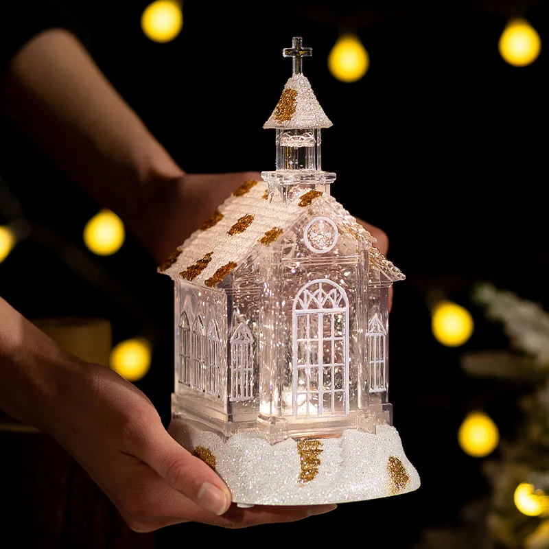 Crystal Church House Snowy Christmas Music Box Snowflake Design Musical Ornament USB Supported Festive Gift Decoration