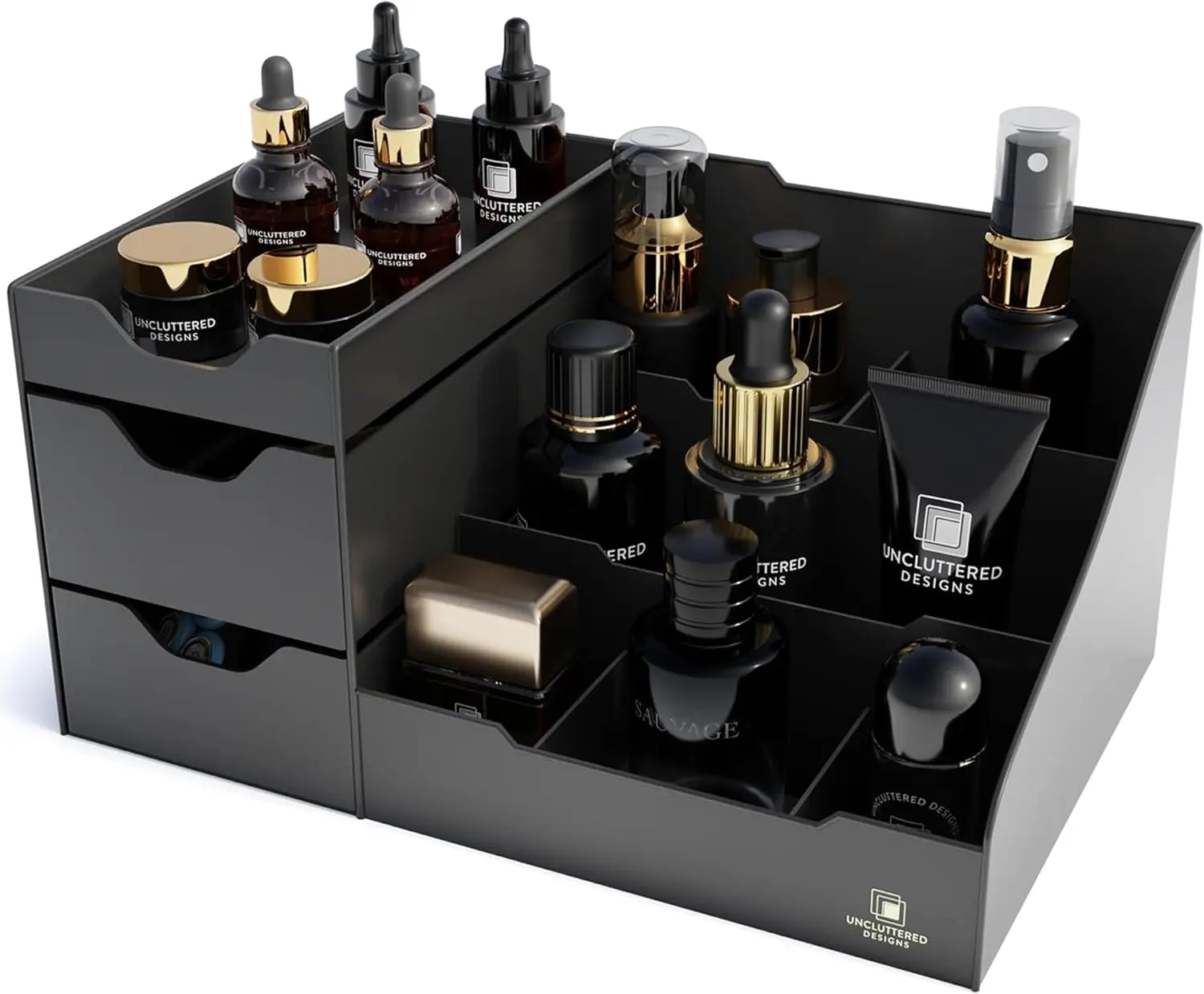 

Large Black Vanity Organizer with Drawers for Men - Storage for Cologne, Skincare, Shaving & More